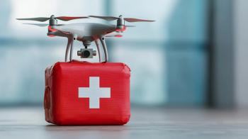 Automated robotic drone delivery of emergency medical supplies medical package latch, subtle whirring, sterile surface, drone landing gear. | © Anousone - stock.adobe.com 2020086517