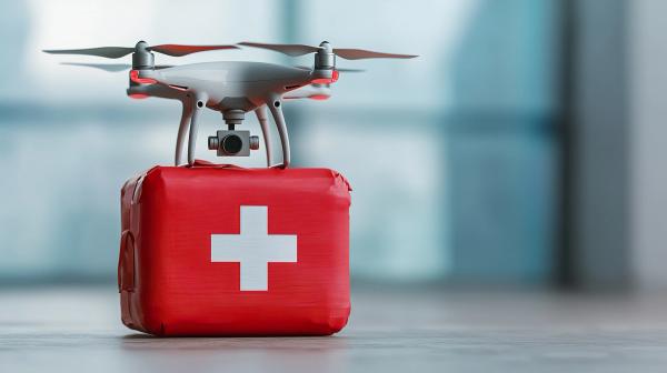 Automated robotic drone delivery of emergency medical supplies medical package latch, subtle whirring, sterile surface, drone landing gear. | © Anousone - stock.adobe.com 2020086517