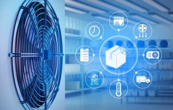 Cooling system fan with digital interface showing logistics, temperature, storage, and delivery icons for cold chain management. Refrigeration, logistics. | © Grispb - stock.adobe.com