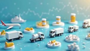Small trucks planes and ship transport pills and capsules. Medicine distribution services for health care industry. Global pharma supply chain logistics on blue background with graphs. | © Pete - stock.adobe.com (2013290098)