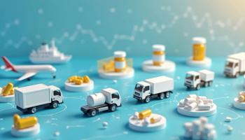 Small trucks planes and ship transport pills and capsules. Medicine distribution services for health care industry. Global pharma supply chain logistics on blue background with graphs. | © Pete - stock.adobe.com (2013290098)