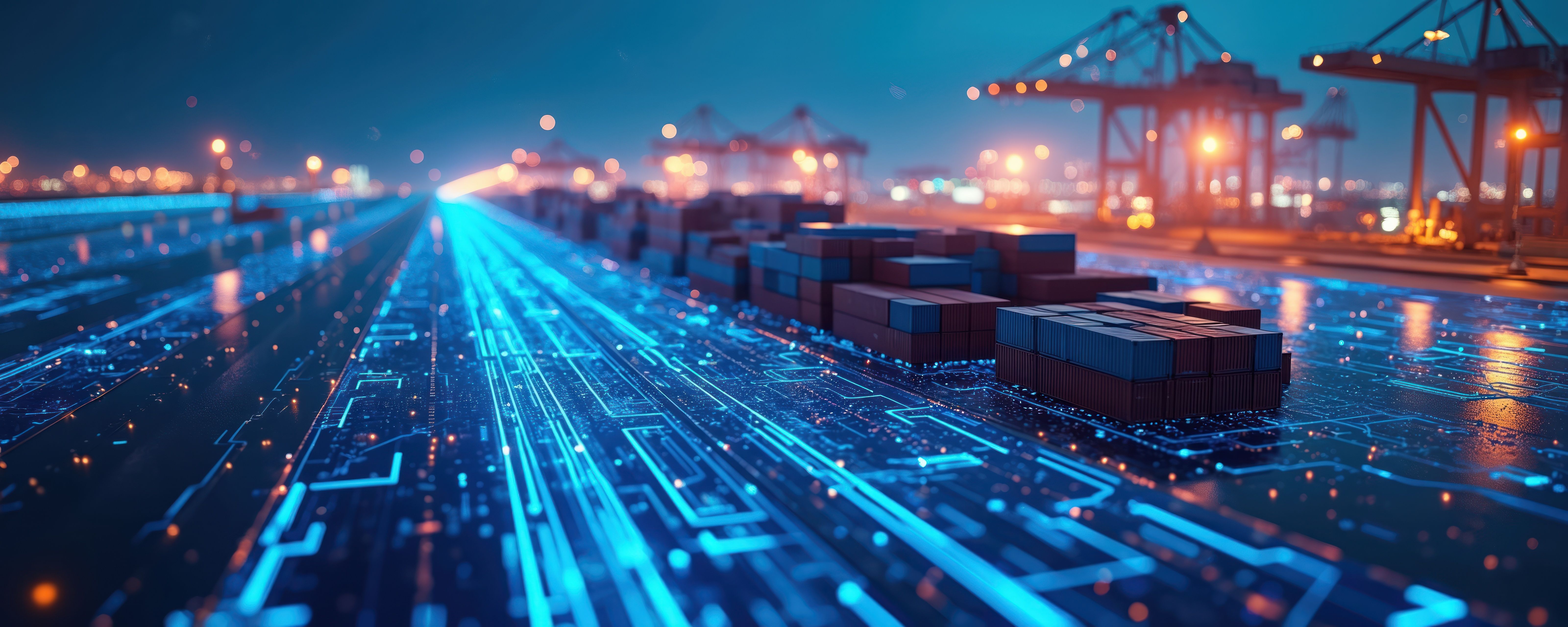 Containers rest on glowing blue circuit board path. Digital network infrastructure connects global shipping, logistics. | © miss irine - stock.adobe.com (1863323027)