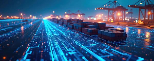 Containers rest on glowing blue circuit board path. Digital network infrastructure connects global shipping, logistics. | © miss irine - stock.adobe.com (1863323027)