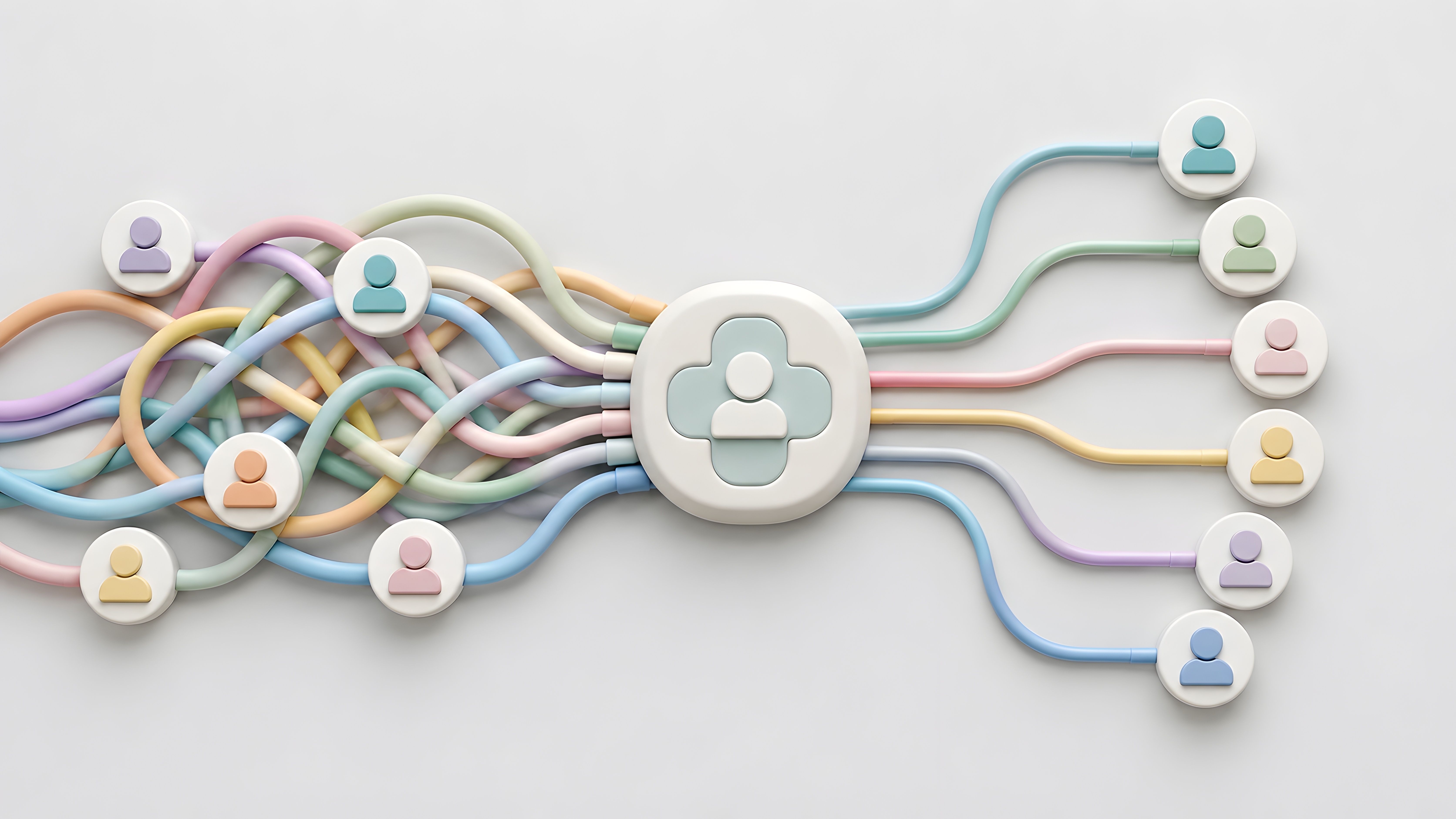 Tangled pastel medical tubes with person icons passing through a cross hub into organized lines representing patient triage and healthcare management | © Samudra_png - stock.adobe.com