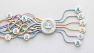 Tangled pastel medical tubes with person icons passing through a cross hub into organized lines representing patient triage and healthcare management | © Samudra_png - stock.adobe.com