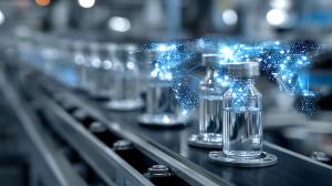 Global pharmaceutical supply chain concept, automated production line with data visualization overlay, high-tech factory | © rinrada - stock.adobe.com (2000172391)