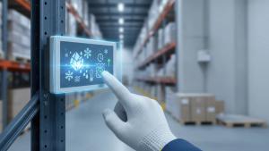 Cold chain logistics warehouse logistic temperature control smart panel being touched by gloved hand ensuring frozen goods safety and efficient | © newlifestock - stock.adobe.com