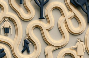 Abstract healthcare pathway formed by layered paper roads connecting patients and caregivers, symbolizing access to care, collaboration, medical journeys, and connected healthcare systems. | © Hugo - stock.adobe.com (2055299632)