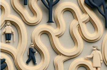 Abstract healthcare pathway formed by layered paper roads connecting patients and caregivers, symbolizing access to care, collaboration, medical journeys, and connected healthcare systems. | © Hugo - stock.adobe.com (2055299632)