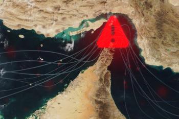 Satellite view of the Strait of Hormuz with a red warning symbol and digital lines. Concept of geopolitical tension, oil supply risks, maritime security, and global trade instability in the Gulf. | © alones - stock.adobe.com