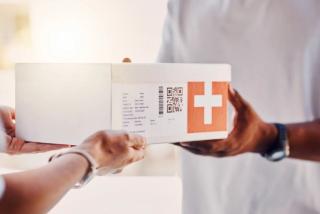 Pharmacy, delivery box and people hands for healthcare, package and ecommerce courier services. Shipping, pharmaceutical industry and telealth supplier giving mail, post or medicine to person at door | © Courtney/peopleimages.com - stock.adobe.com