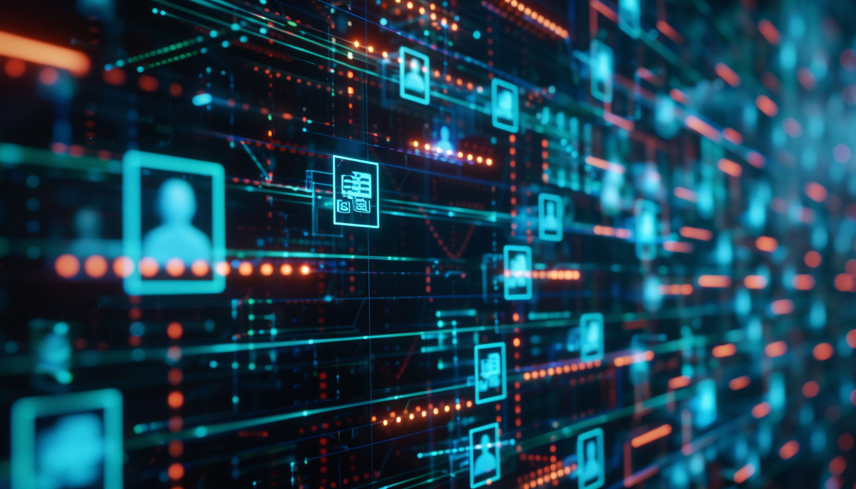 An encrypted blockchain network visualized on a monitor with secure nodes representing individual patient records emphasizing the high level of data confidentiality | JR 50 - stock.adobe.com