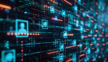 An encrypted blockchain network visualized on a monitor with secure nodes representing individual patient records emphasizing the high level of data confidentiality | JR 50 - stock.adobe.com