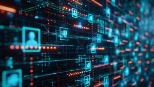 An encrypted blockchain network visualized on a monitor with secure nodes representing individual patient records emphasizing the high level of data confidentiality | JR 50 - stock.adobe.com