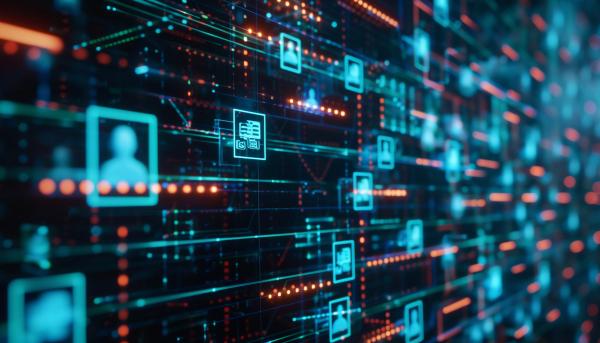 An encrypted blockchain network visualized on a monitor with secure nodes representing individual patient records emphasizing the high level of data confidentiality | JR 50 - stock.adobe.com