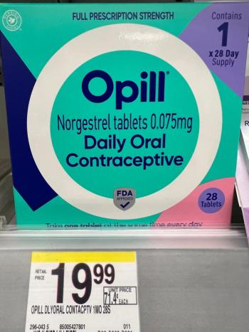 Opill, the first daily oral contraceptive sold over-the-counter, on a shelf at a Walgreens store.