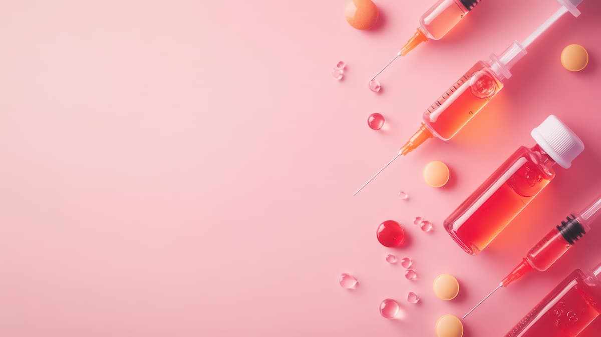 Injectors and dosing pens for subcutaneous injection of antidiabetic medications or a anti-obesity medication lying on a pink backdrop, top view. Medicine and weight loss, concept.