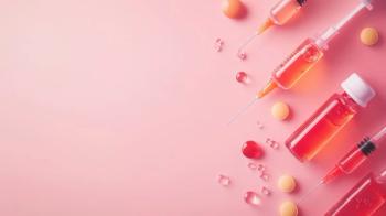 Injectors and dosing pens for subcutaneous injection of antidiabetic medications or a anti-obesity medication lying on a pink backdrop, top view. Medicine and weight loss, concept.