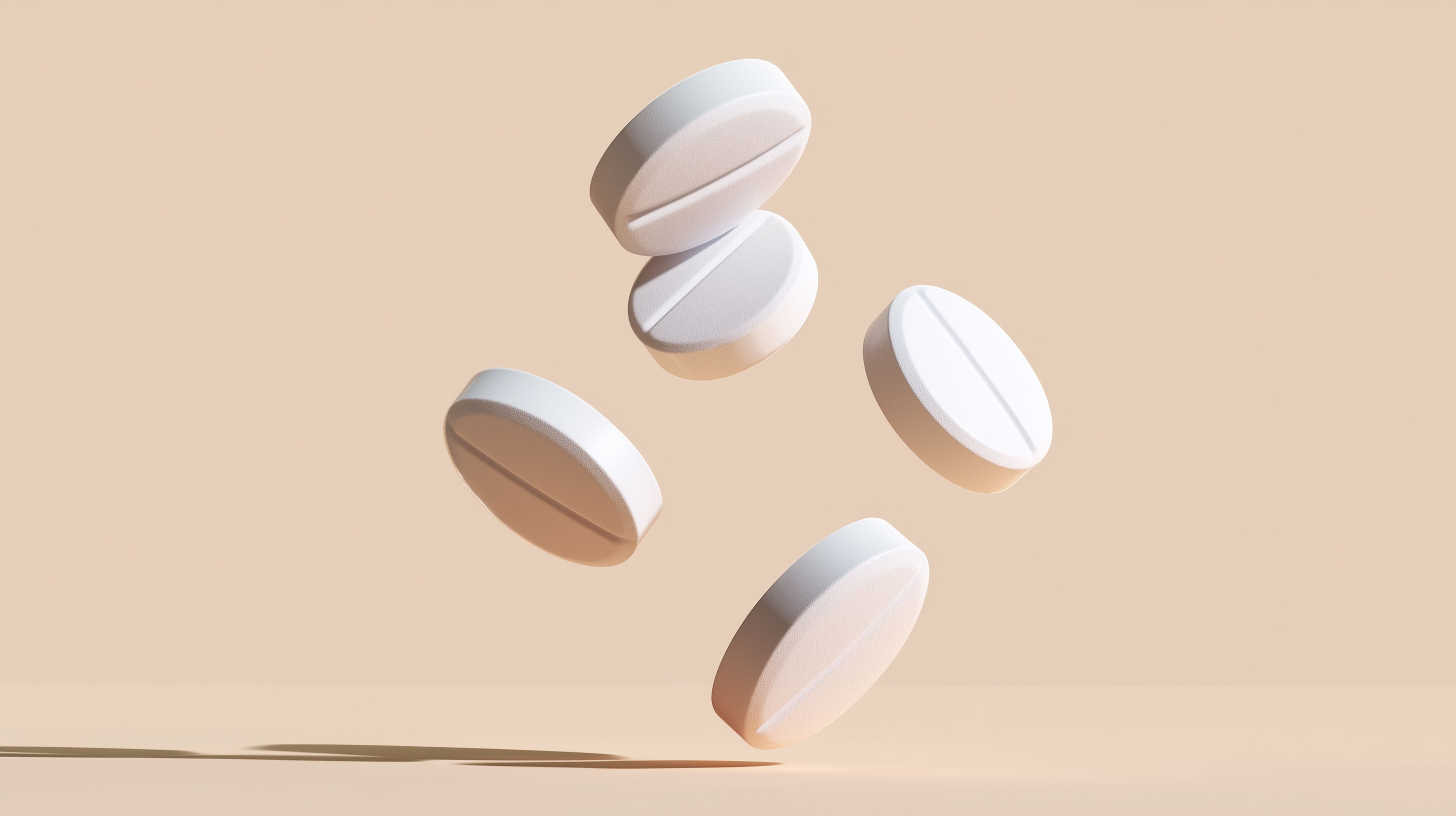 Five white round tablets arranged in floating pattern against soft beige background with subtle shadows under studio lighting | Image Credit: Windy Junes | stock.adobe.com