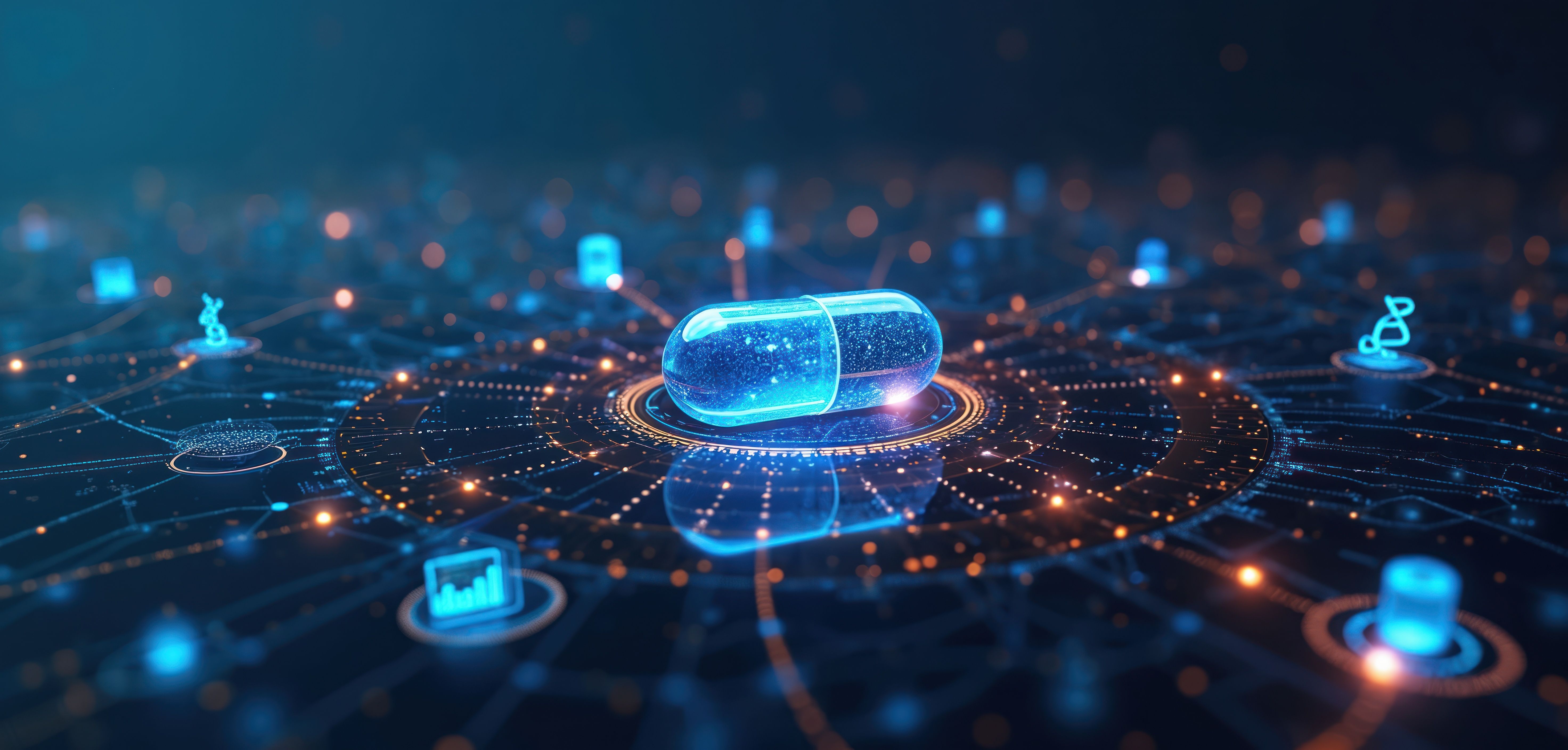 Abstract digital graphic shows glowing capsule on circuit board. Futuristic pharma tech concept with dna strands and data graphs. Innovation in medicine. | Image Credit: Pete | stock.adobe.com