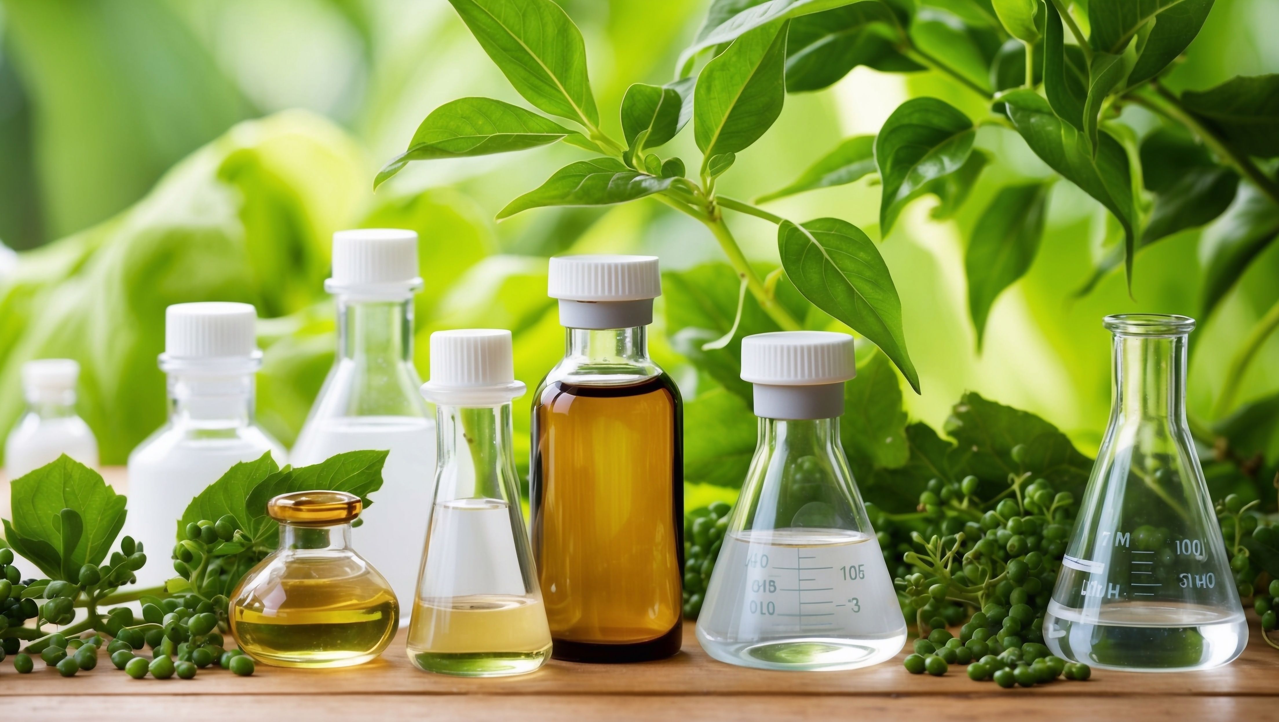 Vials and flasks in lush green foliage and chemical compounds background, science and medicine, natural remedies... | Image Credit: Nikolai | stock.adobe.com