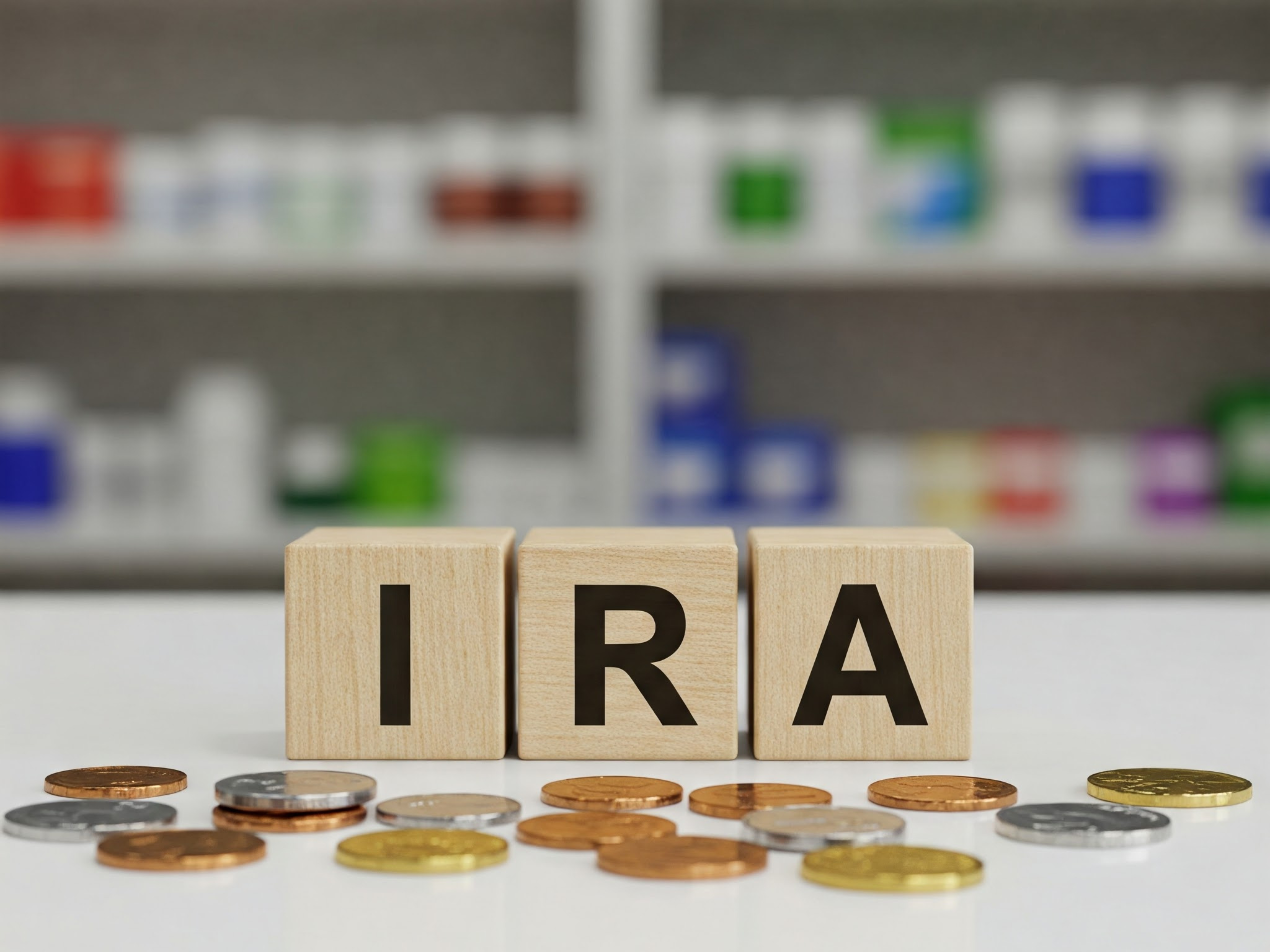 IRA wooden blocks on pharmacy counter | This image is AI generated