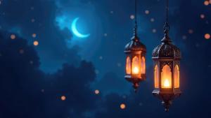 Hanging decorative lanterns glow against a night sky with a crescent moon and bokeh. Ramadan night. Muslim holy month Ramadan Kareem concept. Eid al-Fitr