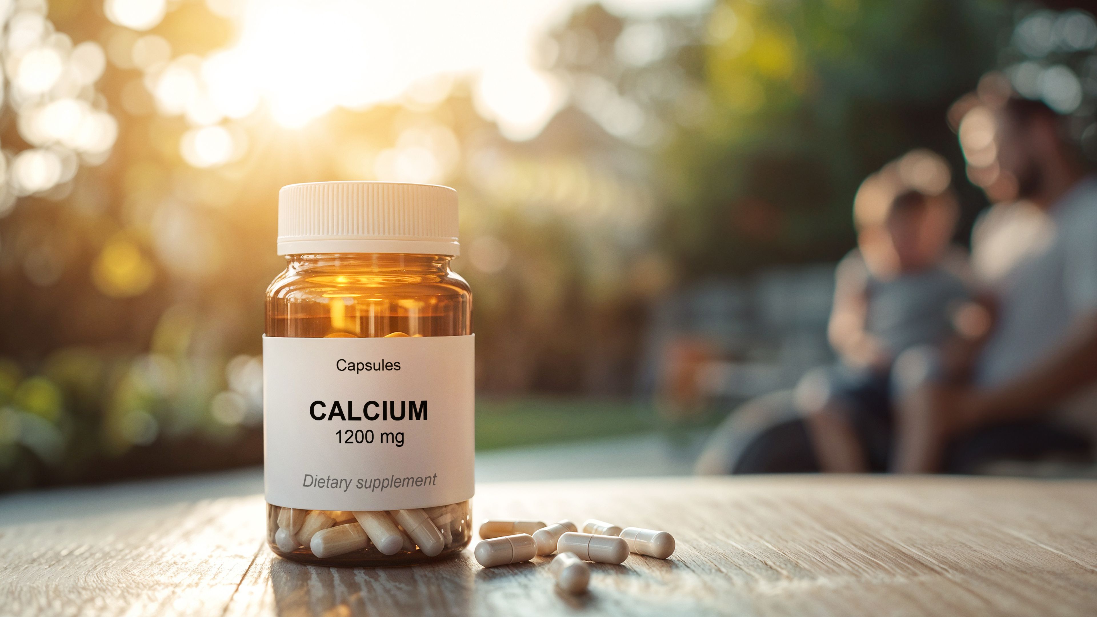 Amber bottle of calcium dietary supplement capsules with 1200 mg dosage on wooden table, health and wellness product in natural outdoor setting, blurred family background and sunlight, bone health | Image Credit: G-Studio | stock.adobe.com Amber bottle of calcium dietary supplement capsules with 1200 mg dosage on wooden table, health and wellness product in natural outdoor setting, blurred family background and sunlight, bone health | Image Credit: G-Studio | stock.adobe.com