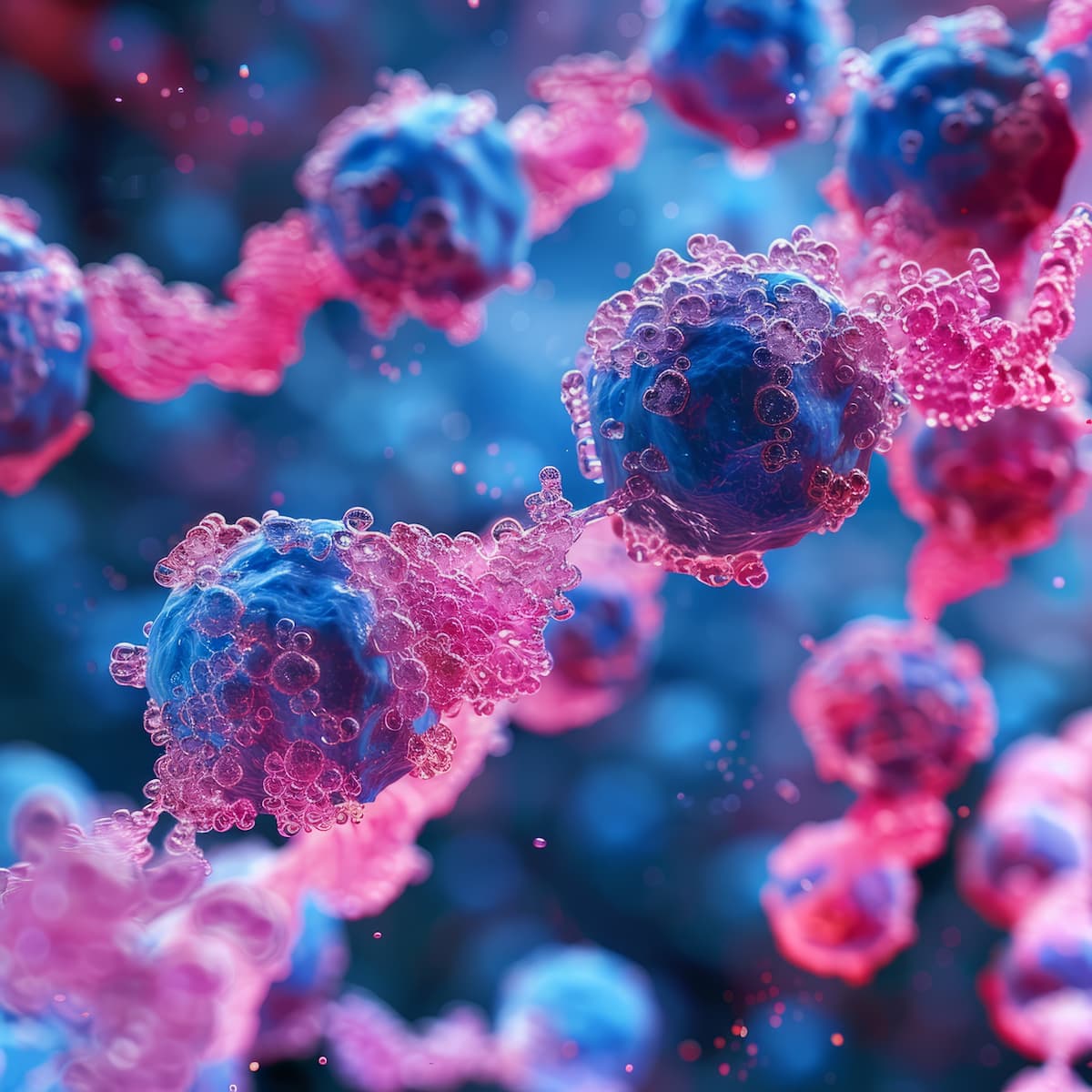 Cancer cells depicted as pink bubbles.