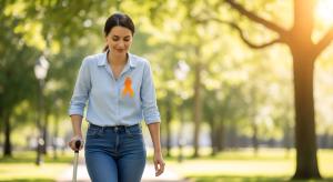Woman with Multiple Sclerosis Awareness Ribbon Walking with Cane in Park | Image Credit: Tgad | stock.adobe.com