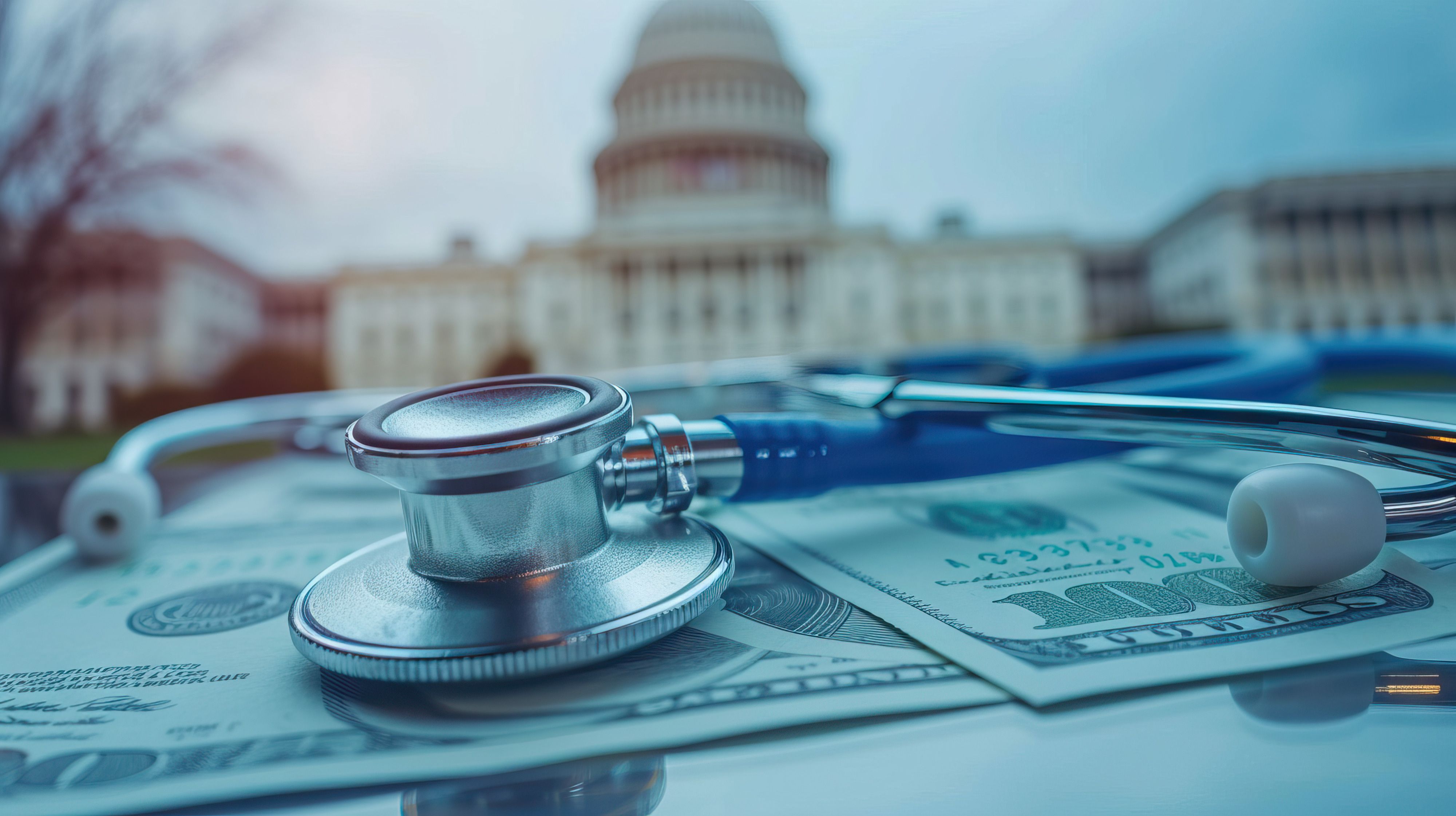 Stethoscope sitting on US dollars in front of the capital | Image Credit: © ila Patel - stock.adobe.com