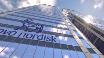 Novo Nordisk symbol and lettering on a mirrored skyscraper front, an illustrative editorial 3d rendering