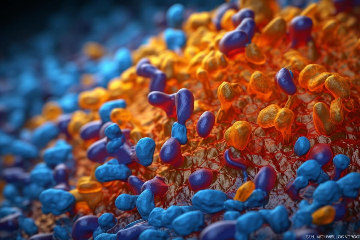 Structure of low density lipoprotein (LDL): protein b100 in blue, phospholipids in orange and blue, cholesterol in orange and violet, and cholesteryl ester and triglycerides in yellow. Generative AI