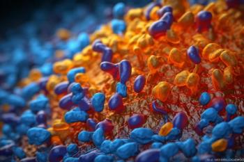 Structure of low density lipoprotein (LDL): protein b100 in blue, phospholipids in orange and blue, cholesterol in orange and violet, and cholesteryl ester and triglycerides in yellow. Generative AI