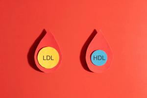 High cholesterol concept. LDL cholesterol with yellow spherical particles and HDL cholesterol with blue spherical particles inside blood droplets on red background. Cardiovascular disease problem