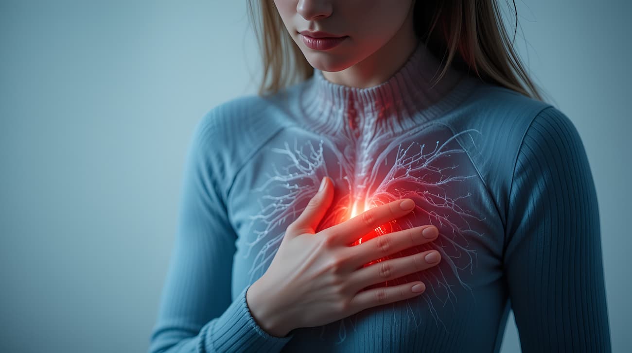 heart failure in woman and she press her chest symptom of pain and suffering cause of arrhythmia and bradycardia use for medicine product and health care concept on white background
