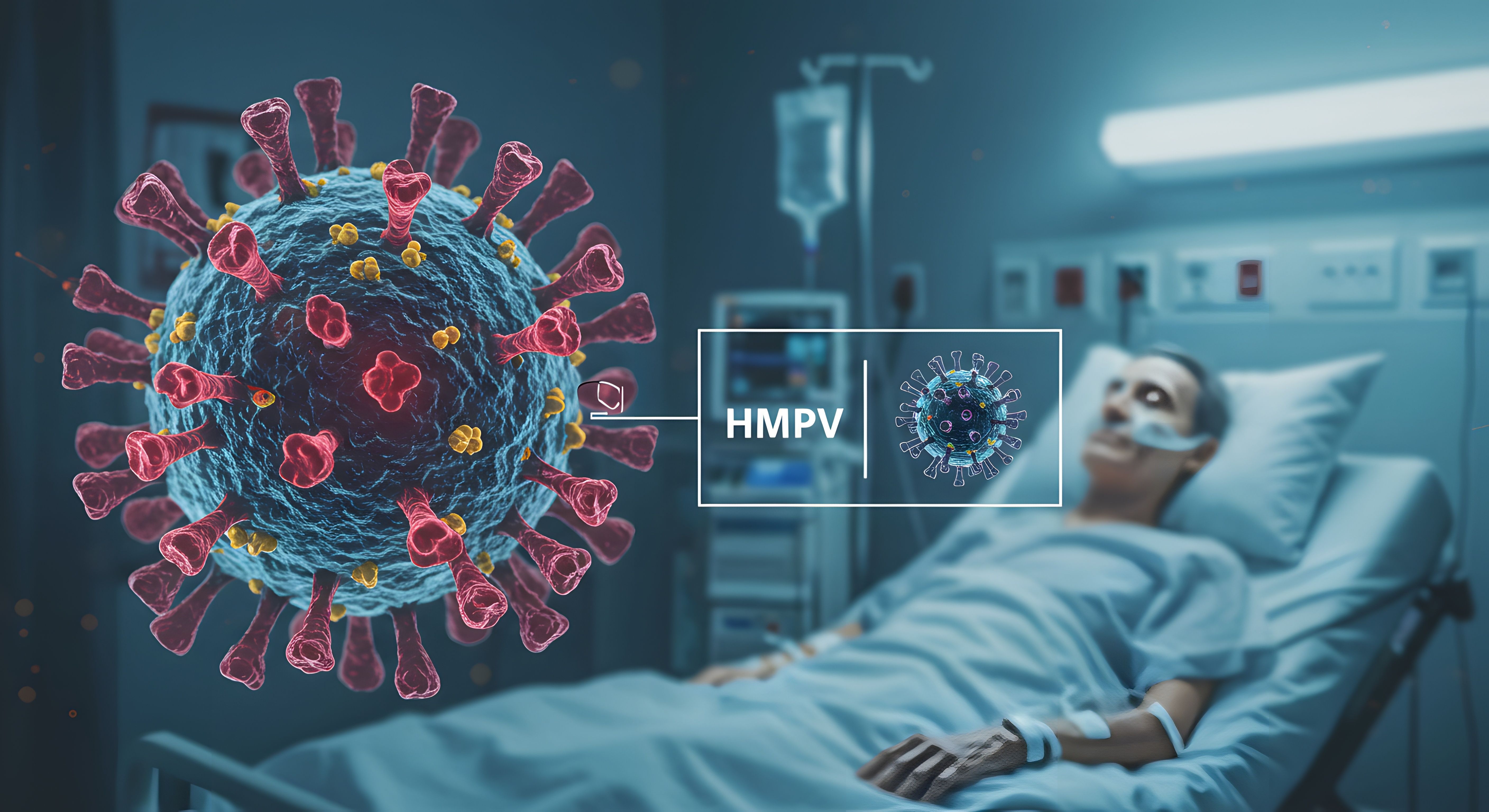 Human metapneumovirus HMPV molecular closeup in 3d rendering with hospital setting for healthcare visuals and respiratory disease awareness - Image credit: Loki Stock | stock.adobe.com