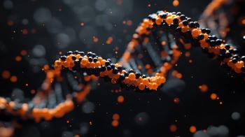 Dna double helix rotating with orange and black spheres on dark background