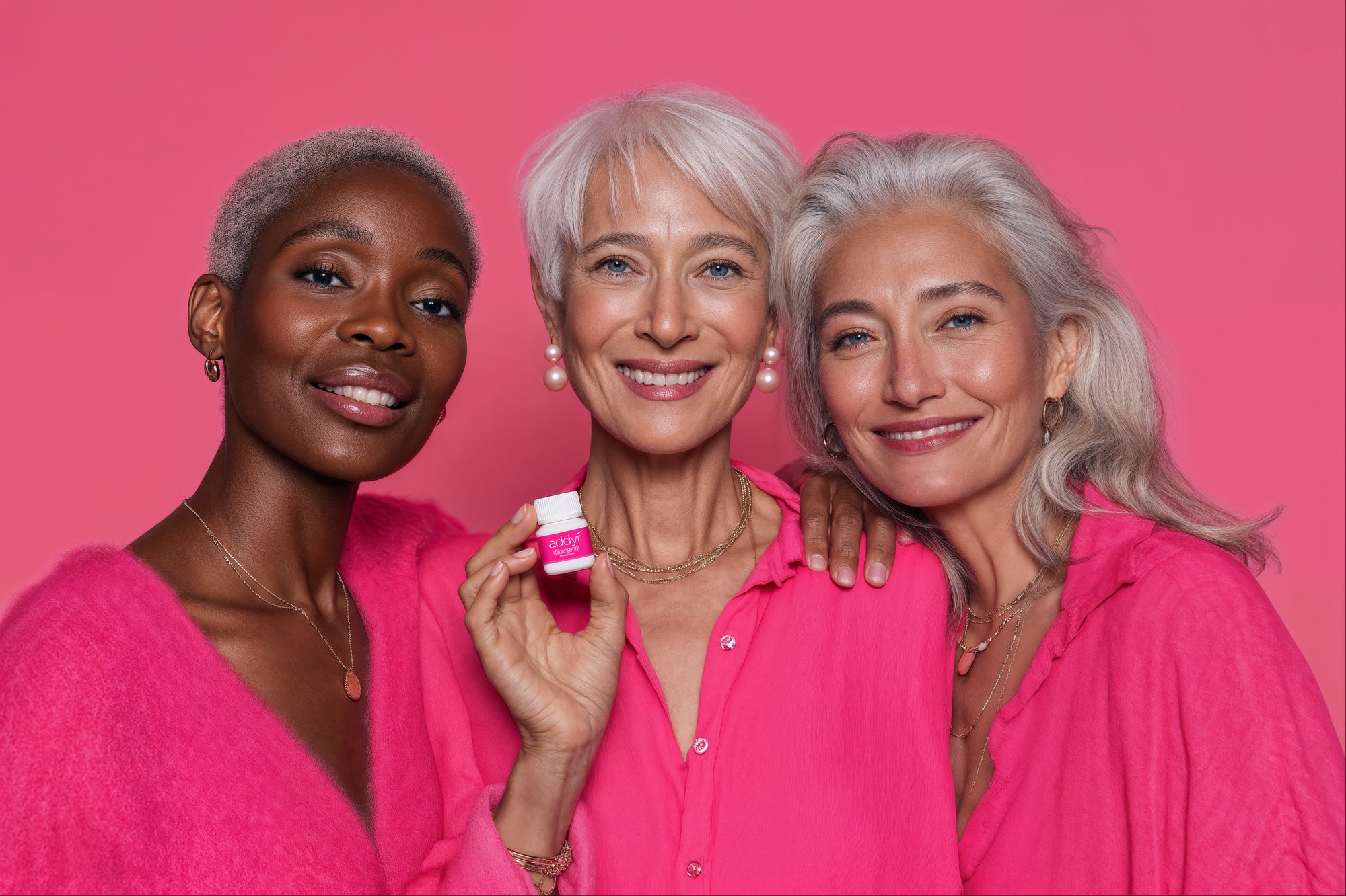 Postmenopausal women holding flibanserin bottle | Image Credit: © Sprout Pharmaceuticals