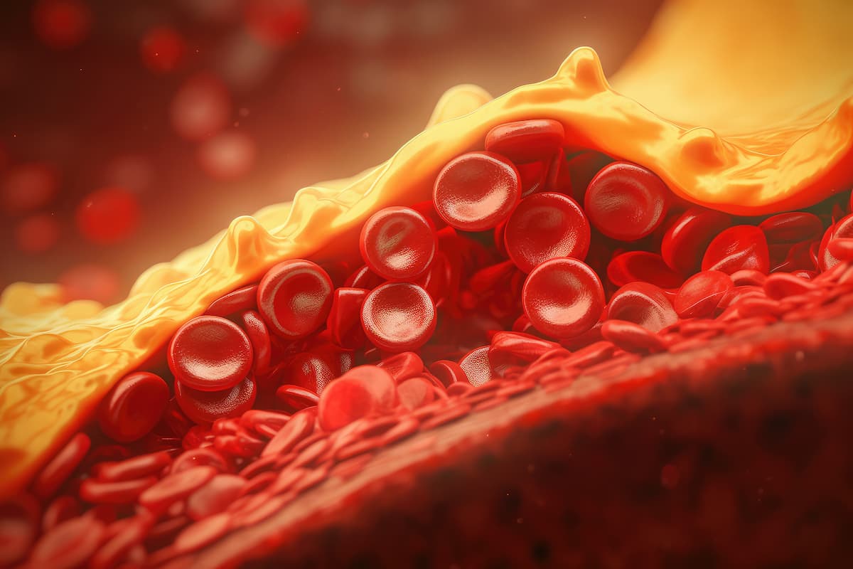 clogged arteries with cholesterol plaque, artery with blood flow obstructed by cholesterol, generative AI