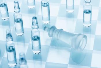 Vaccine for the virus. Medical ampoules on a chessboard, defeat the king. Concept cure for coronavirus.