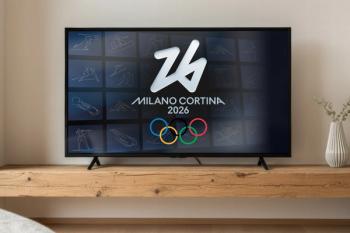 MILAN, ITALY, DECEMBER 12, 2025 Modern living room interior featuring a large television screen displaying the official Milano Cortina 2026 Winter Olympics logo and sports pictograms on blue | Image Credit: Fabio Principe | stock.adobe.com