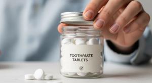 Person holding jar of toothpaste tablets on white countertop | Image Credit: Nataly | stock.adobe.com