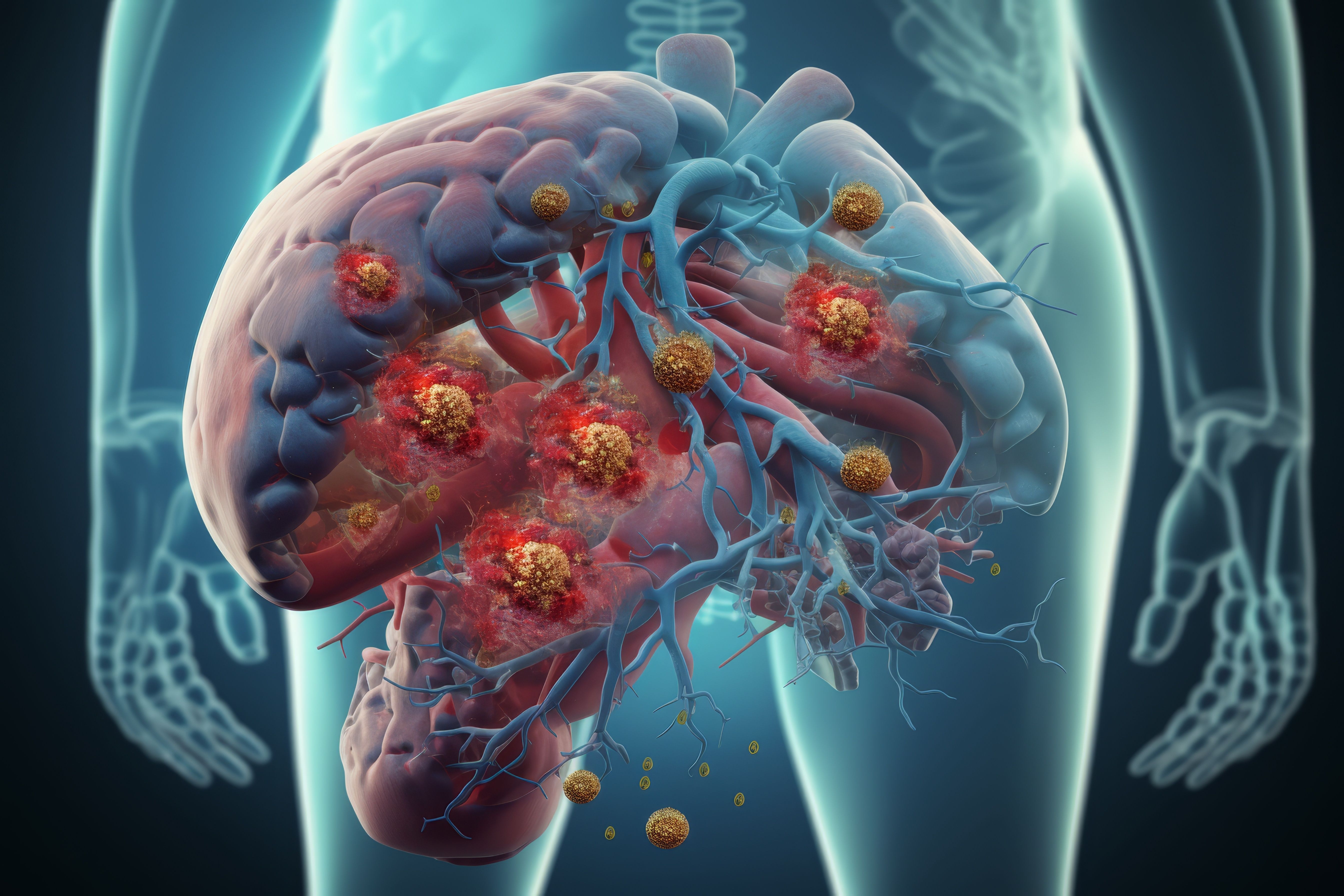 Human liver anatomy with hepatitis B virus.