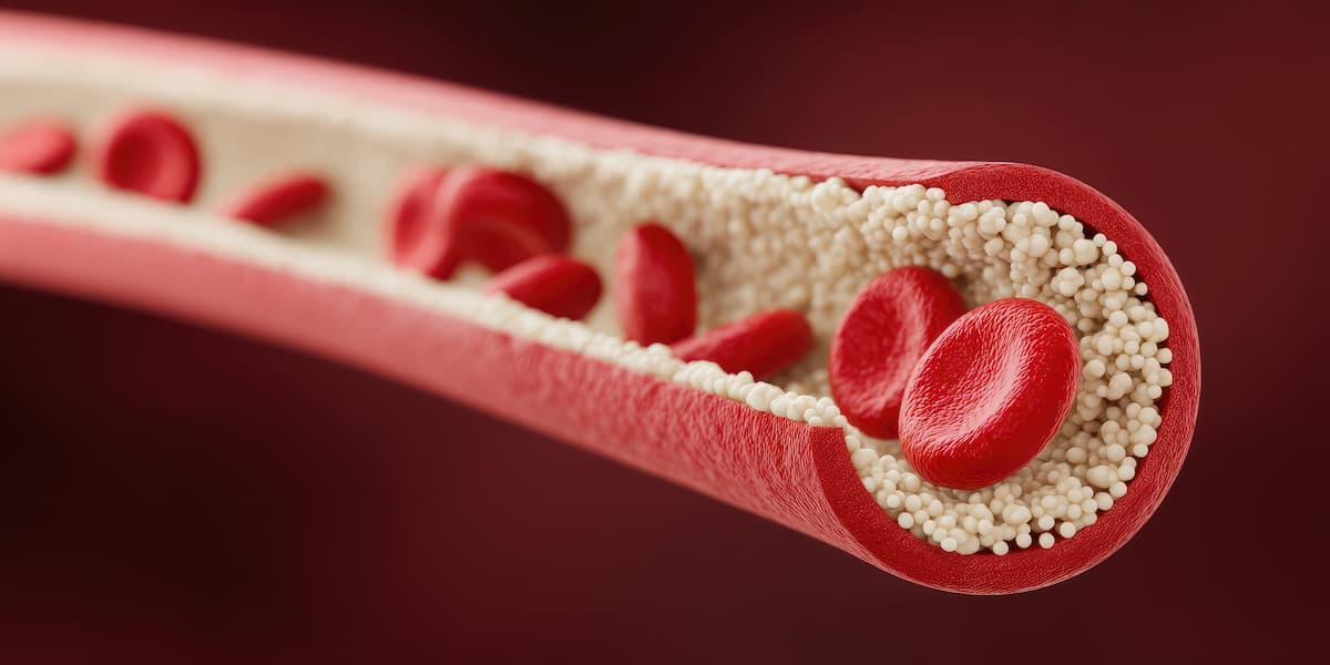 3d Illustration of cholesterol buildup inside artery, blood cells and plaque.