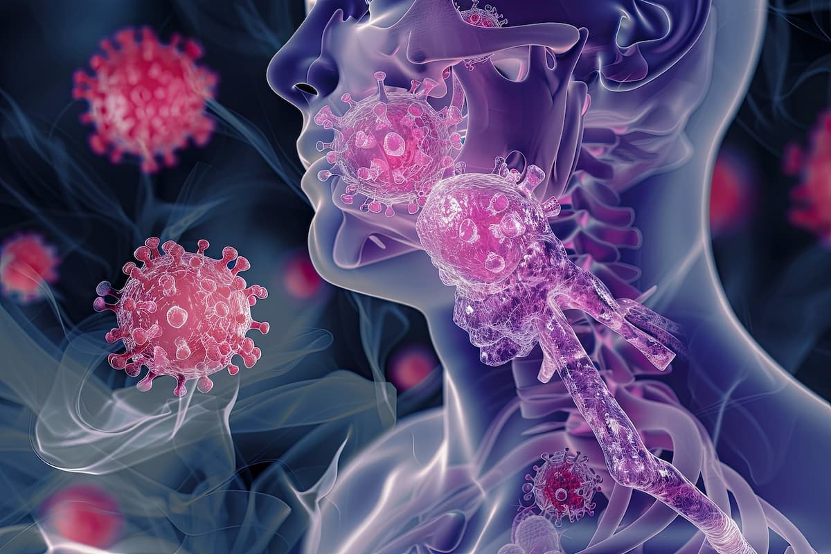 Staphylococcus bacteria infecting throat, causing angina, inflamed tonsils, microscopic bacteria interaction