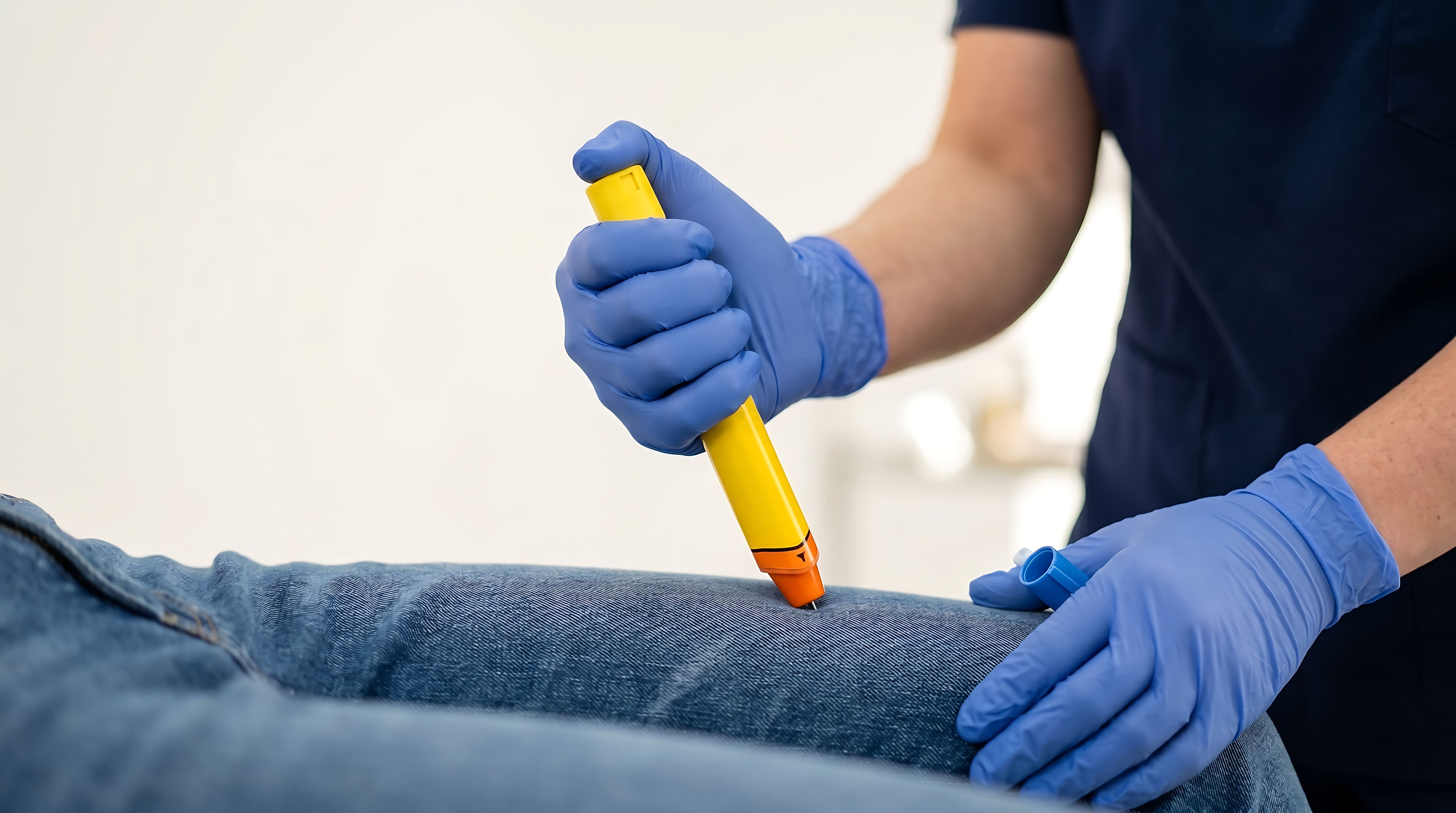 Close up of hands in blue medical gloves administering an epinephrine auto injector epipen shot into the outer thigh of a patient wearing jeans during an allergic emergency - Image credit: solom | stock.adobe.com