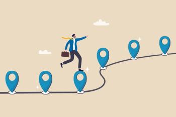 Roadmap, project milestone or business journey achievement, workflow or process timeline to success, step planning or progress concept, businessman run on milestone location pin on business roadmap