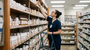 Pharmacy technician pulling a medication from a high shelf using a small step stool in a pharmacy storage room - Image credit: l1gend | stock.adobe.com