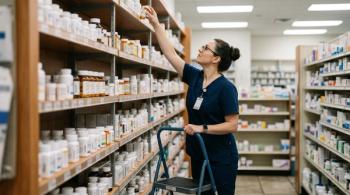 Pharmacy technician pulling a medication from a high shelf using a small step stool in a pharmacy storage room - Image credit: l1gend | stock.adobe.com